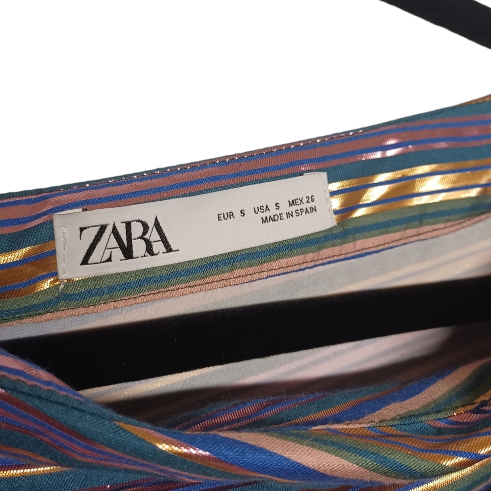 ZARA Metallic Gold Purple Green Stripe Print One Shoulder Bow Top Small - Picture 5 of 7